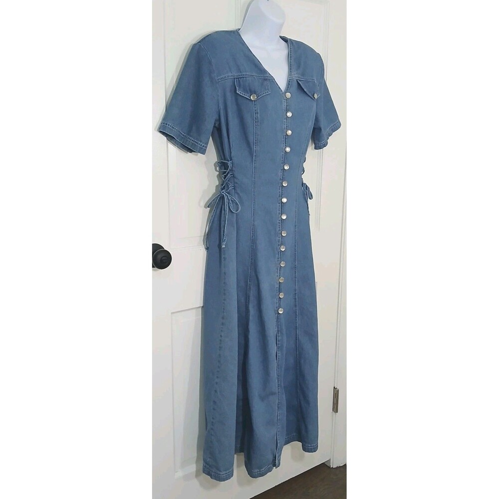 VTG DJ Int’l Denim Midi Dress Size 5/6 Lace Up Corset Sides Button Front 90s Y2K - Picture 12 of 16